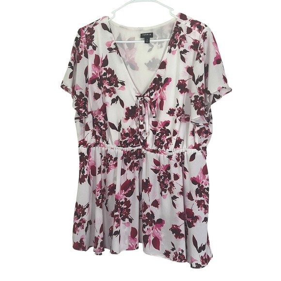 Torrid Floral Blouse Women's V-Neck Tie Front Short Sleeve White Pink Top Size 1 - Picture 1 of 11